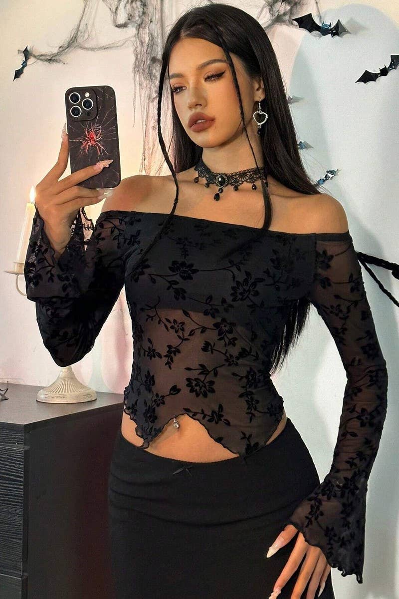 CWTBLL3529_FLORAL MESH OFF-THE-SHOULDER BELL SLEEVE TOP