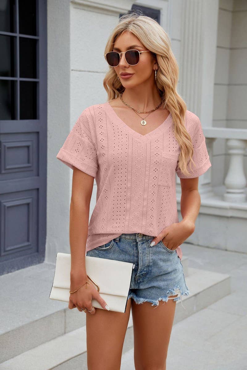 CWTTS0827_V-Neck Short Sleeve Knit Top