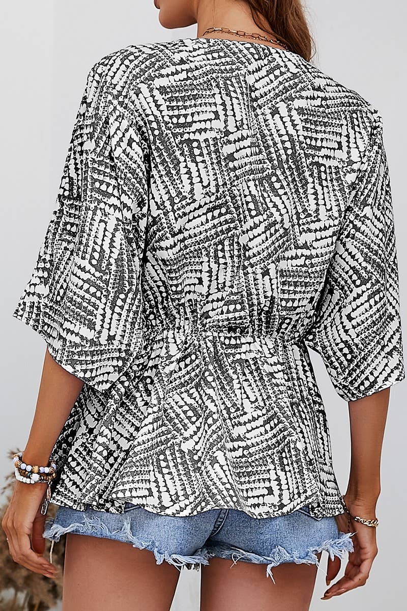 CWTBLS0354_V Neck Print Short Sleeve Blouse