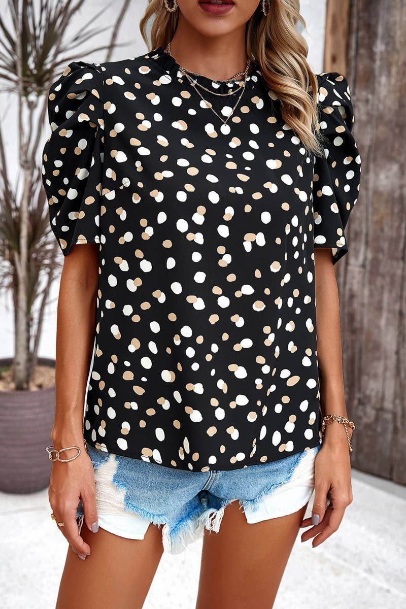 CWTBLL3611_CASUAL COMMUTER POLKA DOT PUFF SLEEVE TOP