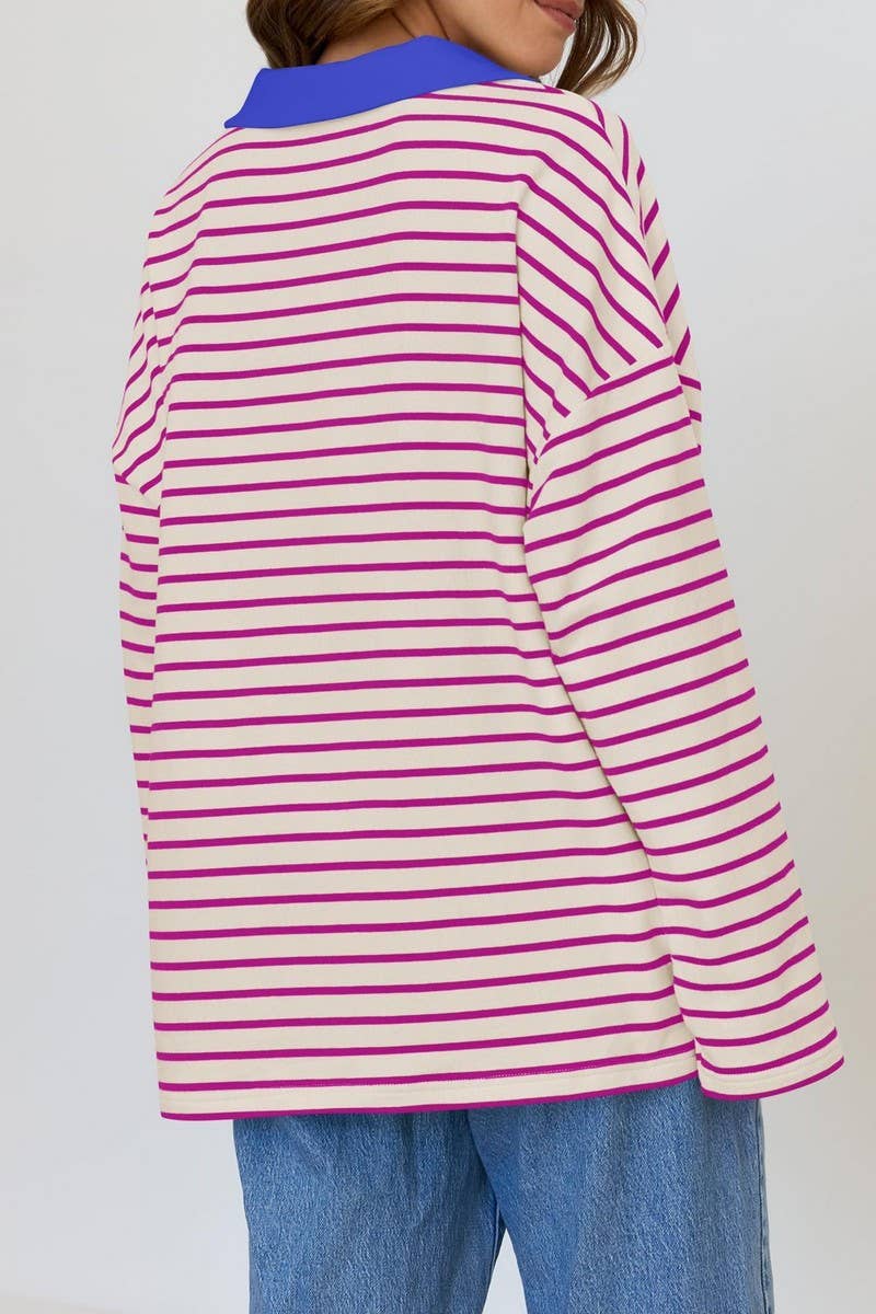 CWTBLL1811_LAPEL STRIPED V-NECK LOOSE SWEATSHIRT