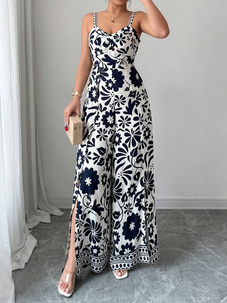 Elegant Twist Knot Printed Wide Leg Jumpsuit