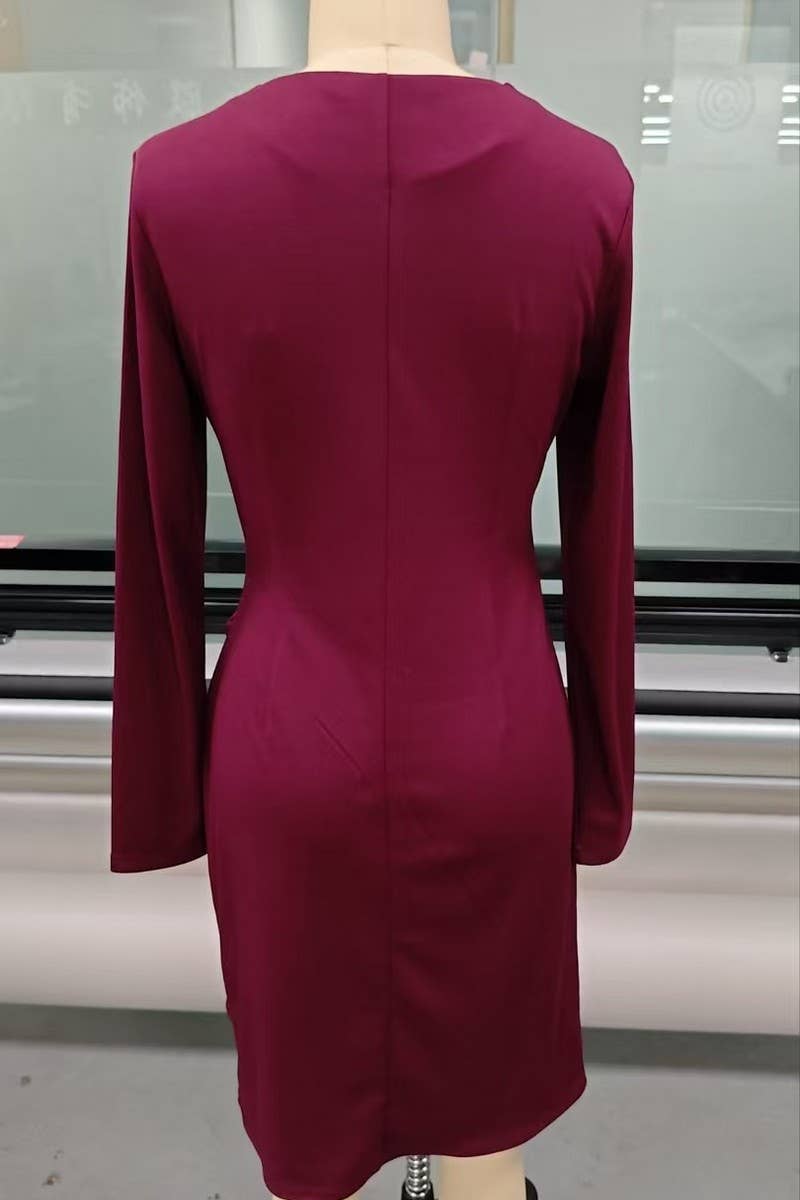CWDMD01234_SEXY V NECK RUCHED BODYCON DRESS WOMEN LONG SLEEV