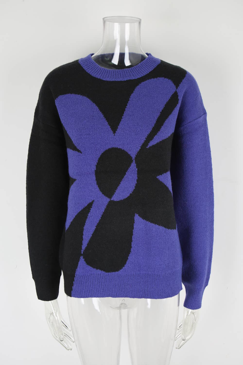 Floral color-blocking knitted pullover sweater