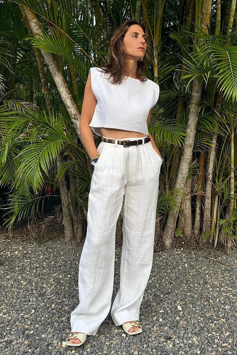 CWSTB1800_LINEN SLEEVELESS TOP & WIDE LEG PANTS SET