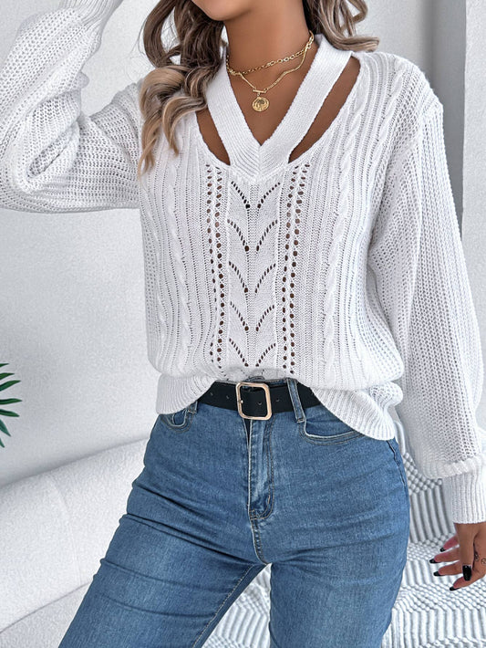 CASUAL CUTOUT V-NECK TWIST PULLOVER SWEATER