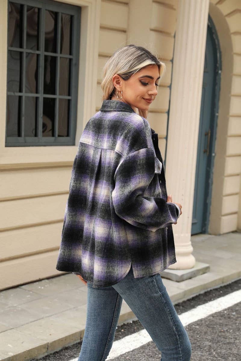 CWOCO0874_LONG SLEEVE LOOSE STRIPED PLAID CARDIGAN COAT