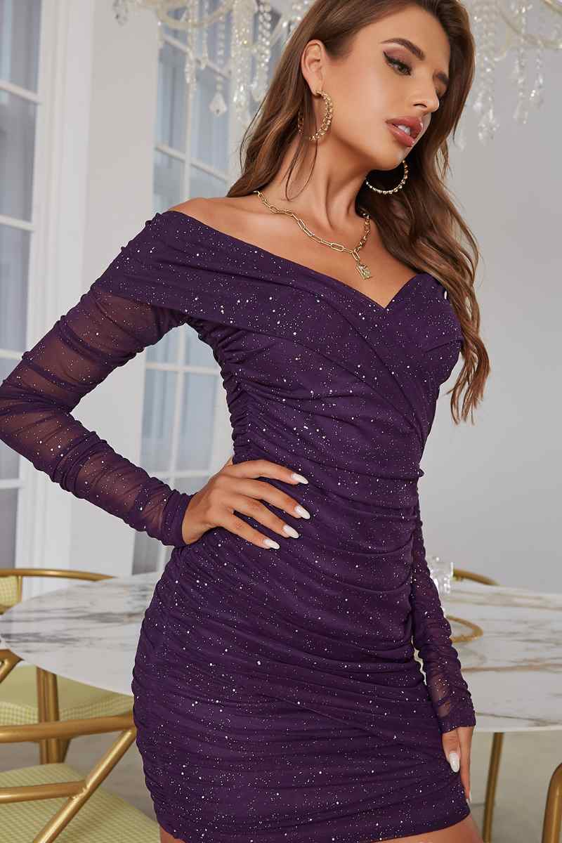 CWDSD4275_V-NECK POWDER OFF-SHOULDER LONG SLEEVE DRESS