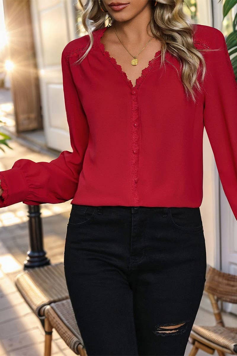 CWTBLL1222_V-NECK CASUAL LONG-SLEEVED RED SHIRT