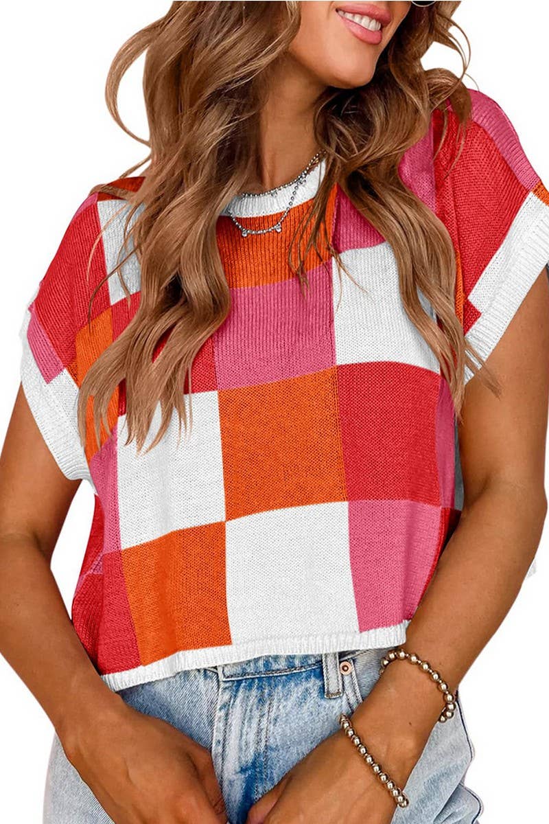 CWOSWS0123_ROUND NECK NAVEL BLOCK CHECKERED KNIT TOP