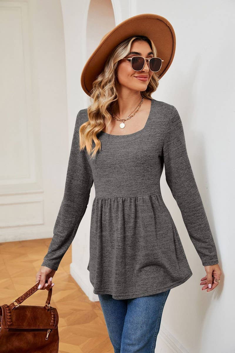 CWTBLL2397_SQUARE NECK LONG SLEEVE WAISTED MID-LENGTH TOP