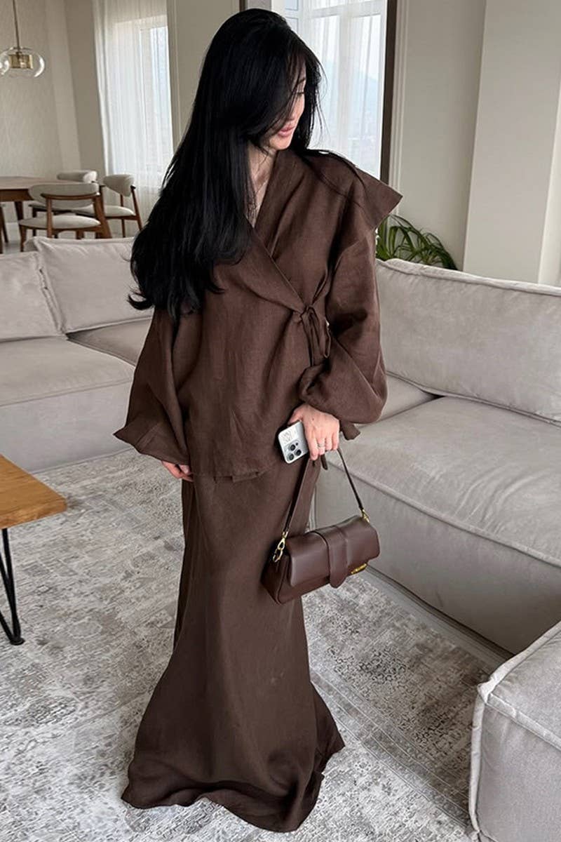 CWSTB00386_LACE-UP SHIRT HIGH-WAISTED SKIRT CASUAL SUIT