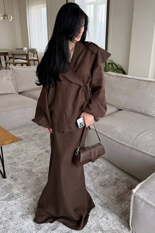 CWSTB00386_LACE-UP SHIRT HIGH-WAISTED SKIRT CASUAL SUIT