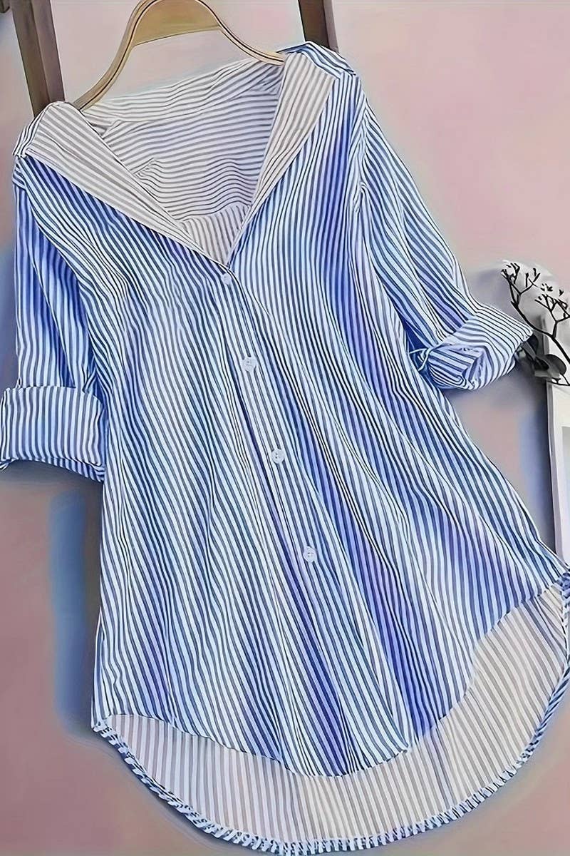 CWTBLL3878_AUTUMN AND WINTER LAPEL BUTTON STRIPED PLAID SHIR