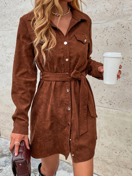 CASUAL CORDUROY SHIRT DRESS WITH LOOSE WAISTBAND