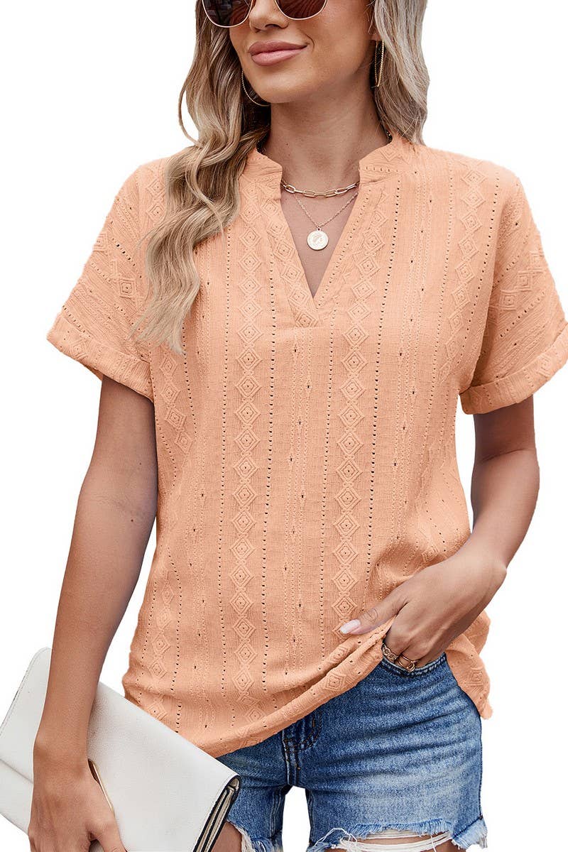 CWTTS1335_SUMMER JACQUARD V-NECK SHORT SLEEVE LOOSE T-SHIRT