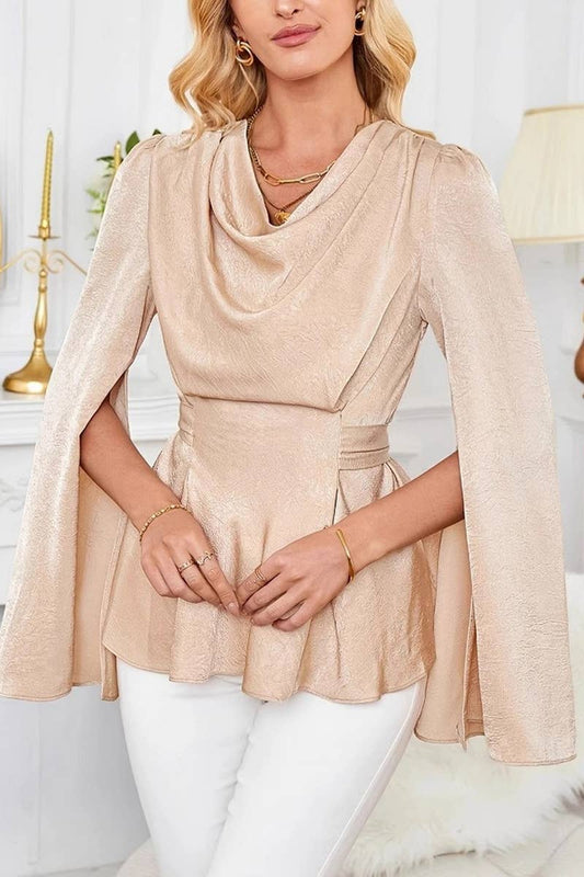 CWTSTL2812_DRAPED WAIST TIE-WAIST FITTED LONG SLEEVE TOP