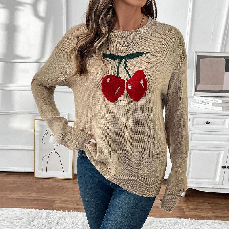 CREW-NECK CHERRY JACQUARD PULLOVER SWEATER