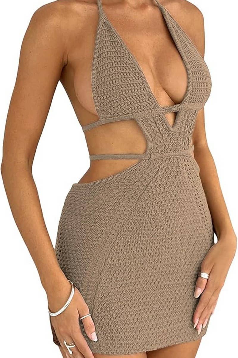 CWDSD7815_SEXY HALTERNECK HOLLOW SUSPENDER DRESS