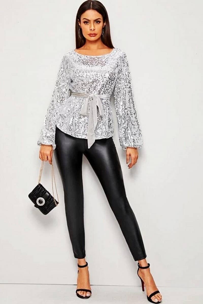 CWTBLL3459_VELVET BELTED SEQUINED LONG SLEEVE PULLOVER