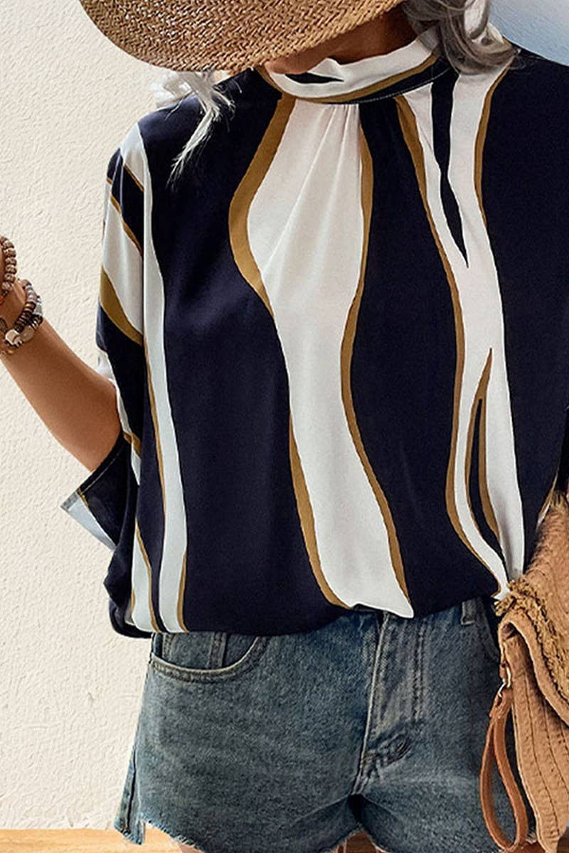 CWTBLS0927_IRREGULAR BAT SLEEVES PRINT SHIRT