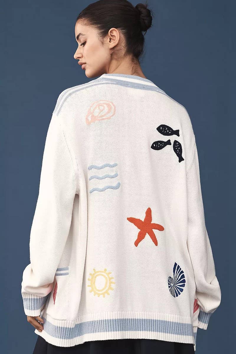 CWOSWL07749_2025 CASUAL STARFISH PRINT LOOSE KNIT CARDIGAN