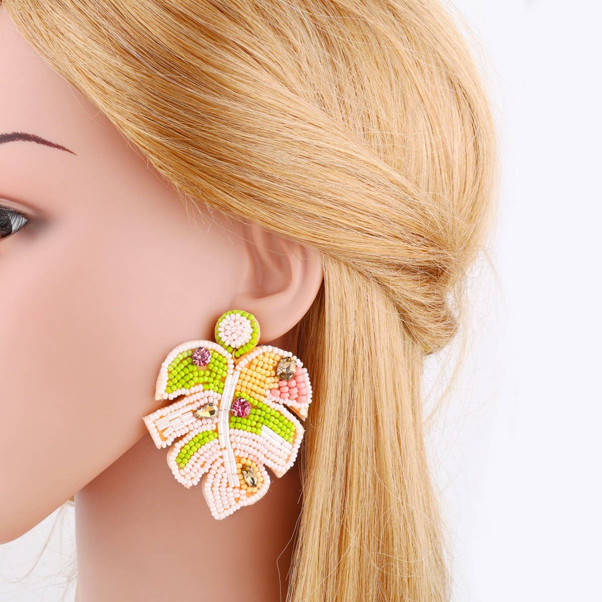 BOHEMIAN HANDMADE WOVEN RICE BEAD LEAF EARRINGS_CWAJE1018