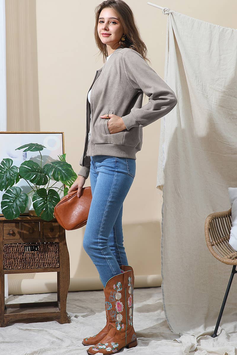 CWOJA706_WATERFALL FAUX SUEDE ZIP-UP WESTERN BOBMER JACKET