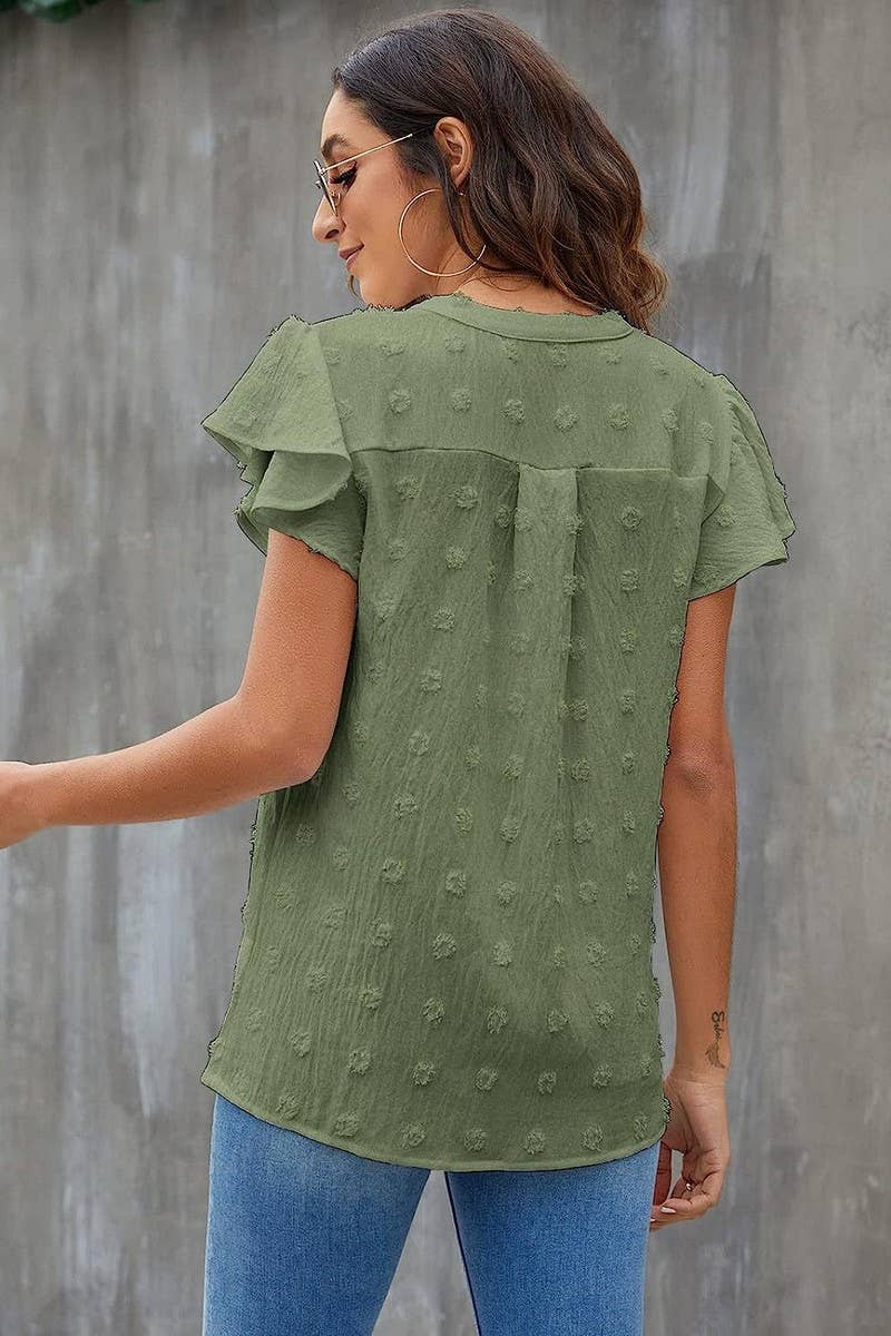 CWTBLS0606_V-NECK RUFFLED SLEEVE CHIFFON SHORT-SLEEVED TOP