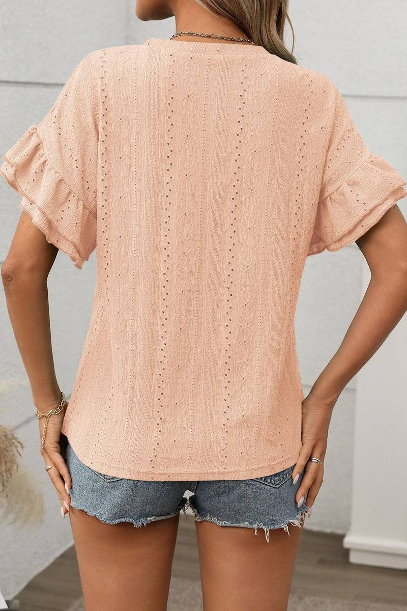 CWTBLS1719_ROUND NECK RUFFLE SLEEVE SHORT SLEEVE T-SHIRT TOP
