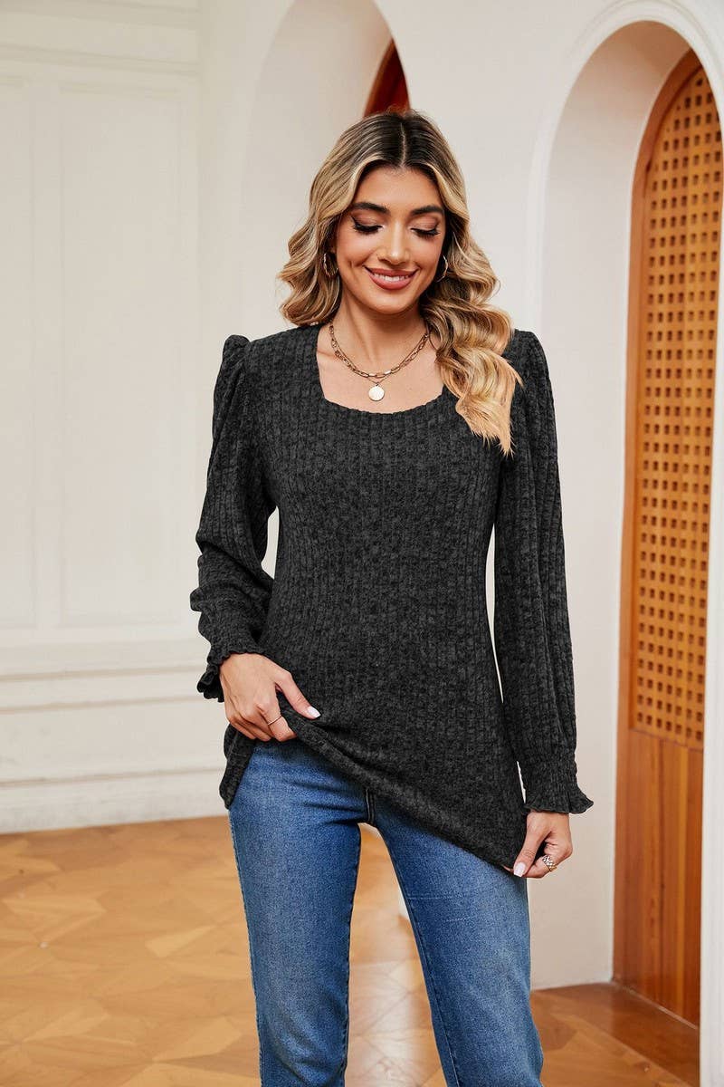 CWTBLL2404_SQUARE NECK LONG SLEEVE RIBBED RUFFLE SLEEVE TOP