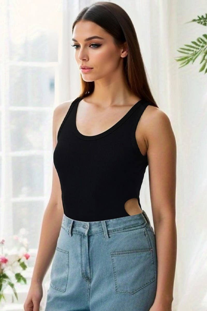 CWSBSSL0120_SLIM FIT RIBBED U NECK WAIST CUTOUT BODYSUIT