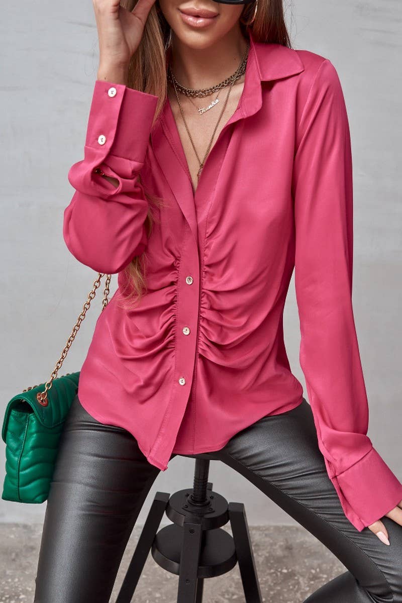 CWTBLL2002_SOLID LONG SLEEVE PLEATED CARDIGAN SHIRT