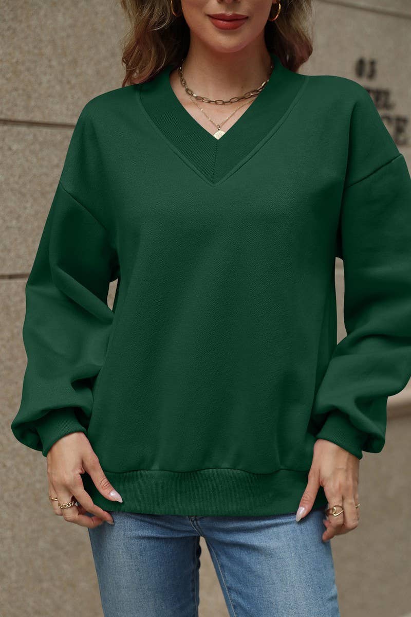 CWTBLL4011_SOLID V-NECK FLEECE LINED LOOSE FIT SWEATSHIRT