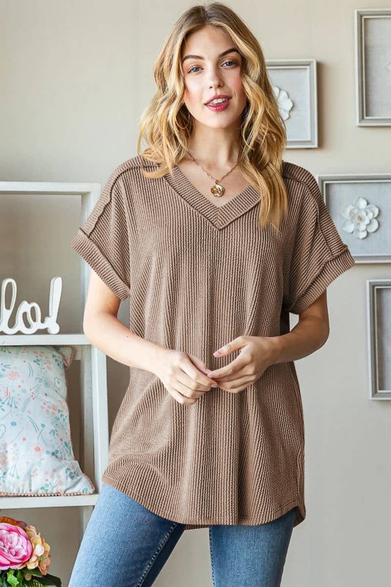 CWTBLS1500_V-NECK RIBBED JACQUARD KNIT SHORT-SLEEVED T-SHIRT