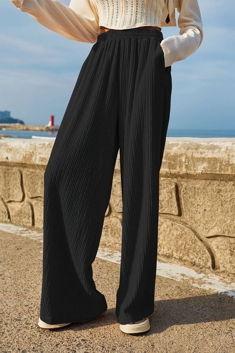 CWBLP1127_PURE BLACK DRAPE WIDE-LEG CASUAL TROUSERS
