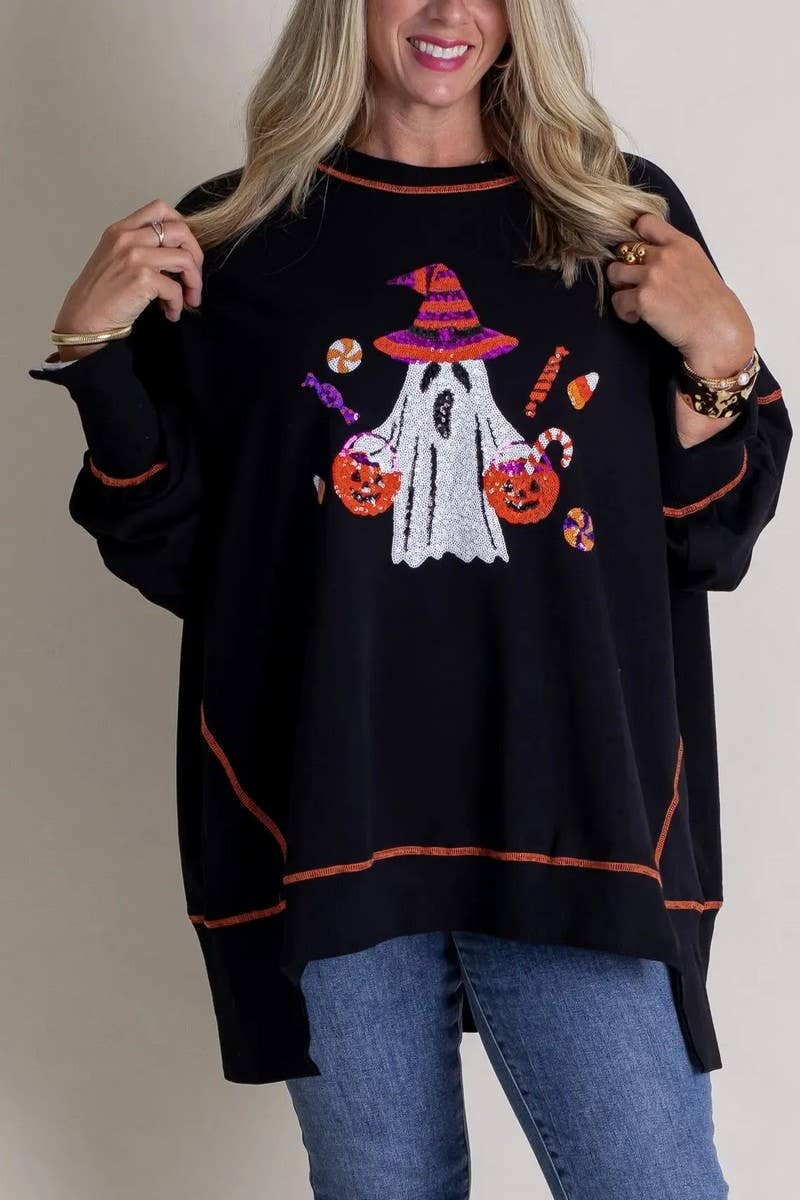 CWTBLL01276_HALLOWEEN GHOST SEQUIN EMBROIDERED SWEATSHIRT