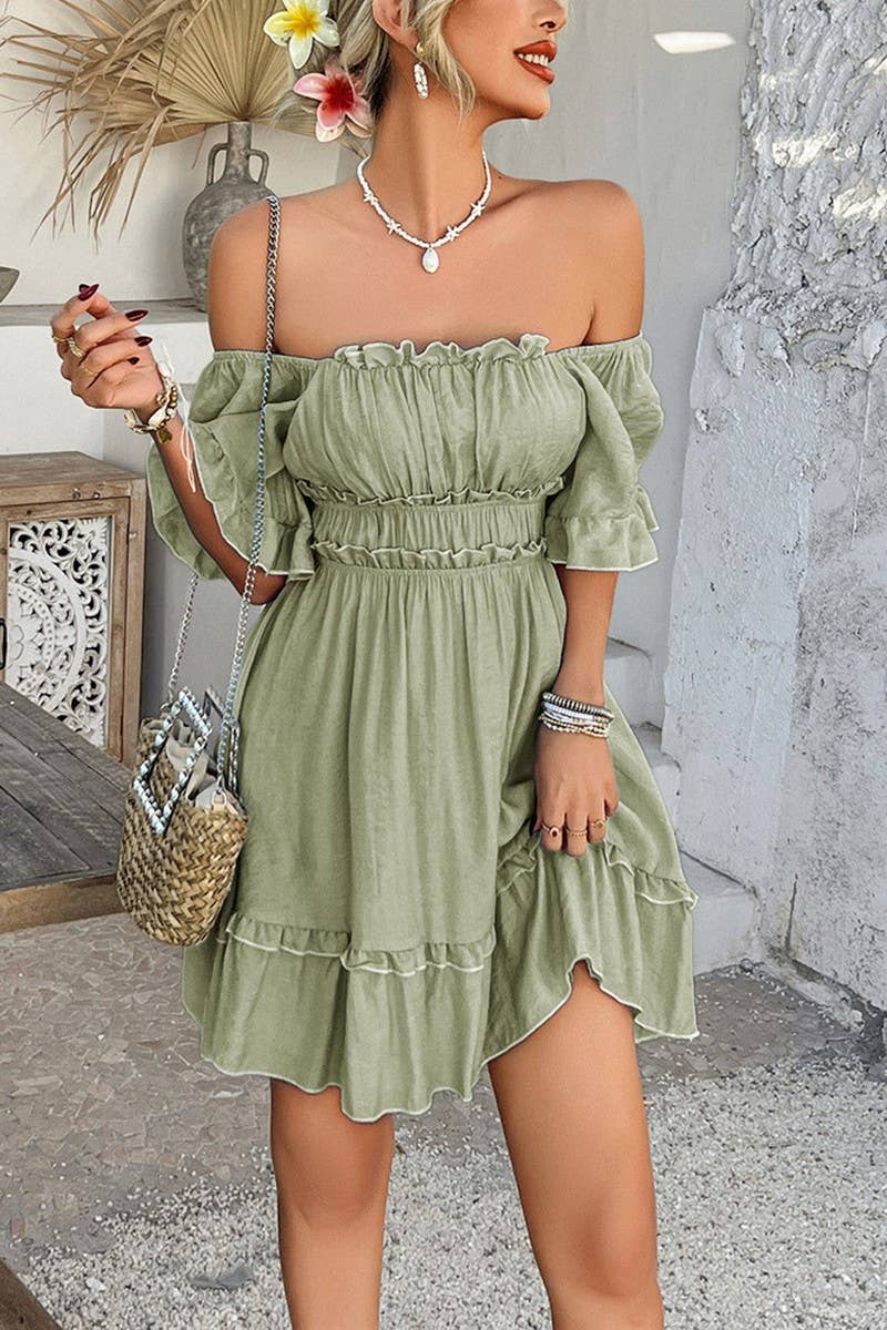 CWDSD7875_SUMMER SOLID COLOR RUFFLED SHORT-SLEEVED DRESS