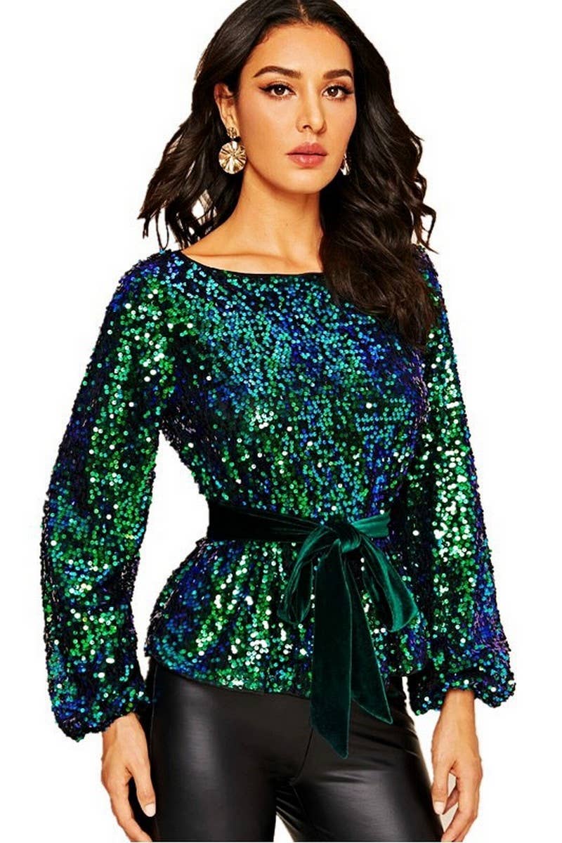 CWTBLL3459_VELVET BELTED SEQUINED LONG SLEEVE PULLOVER