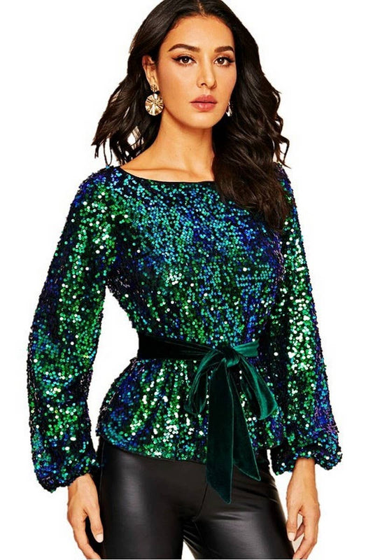 CWTBLL3459_VELVET BELTED SEQUINED LONG SLEEVE PULLOVER