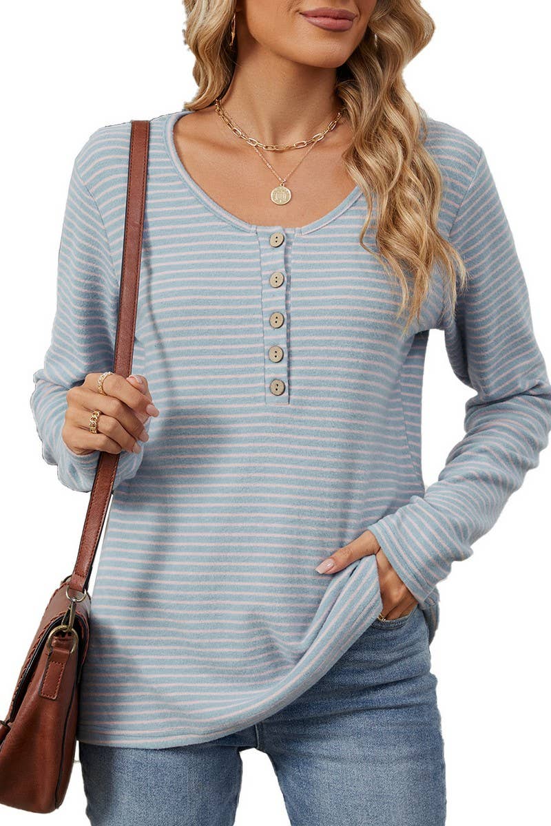 CWTBLL2353_ROUND NECK BUTTON LONG SLEEVE STRIPED CASUAL TOP