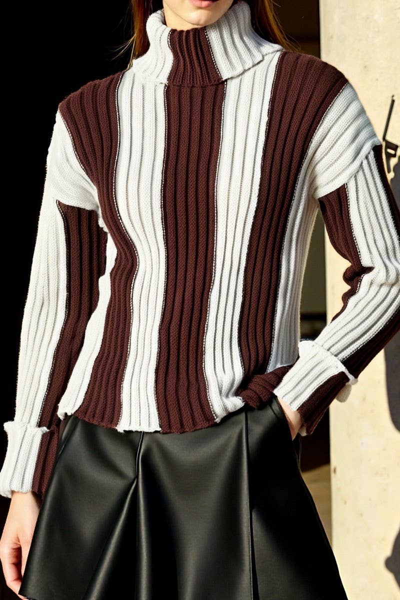 CWOSWL6947_STRIPED KNIT PATCHWORK TURTLENECK SWEATER