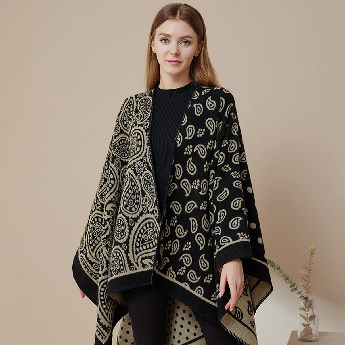 DOUBLE-SIDED SLIT SHAWL COLORBLOCK SCARF CAPE