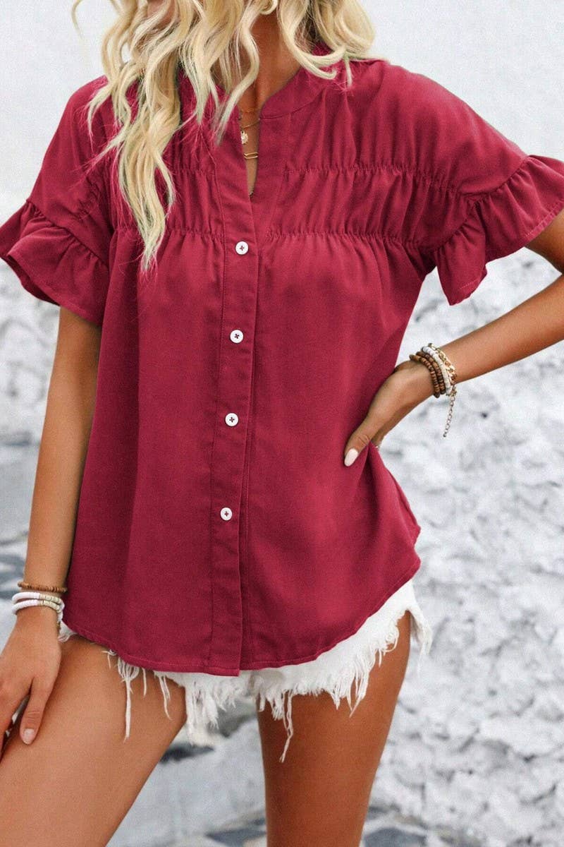 CWTSTS0679_SOLID COLOR STAND COLLAR CASUAL SHORT SLEEVE SHIR