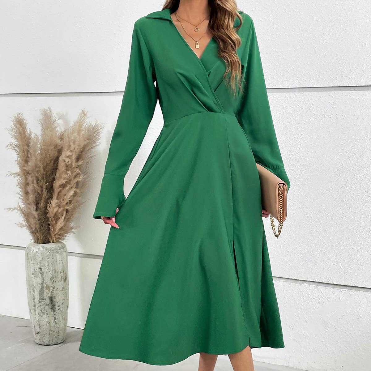 Draping deep v long-sleeved dress