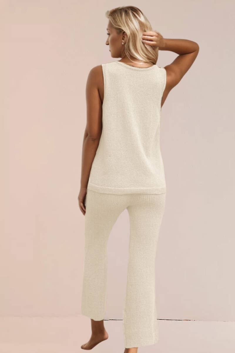 CWSS0495_KNIT SLEEVELESS TOP AND PANTS SUIT FOR WOMEN