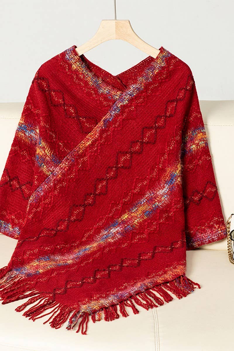 CWOSWS0095_COLORFUL STRIPED KNITTED FRINGE CAPE SHAWL