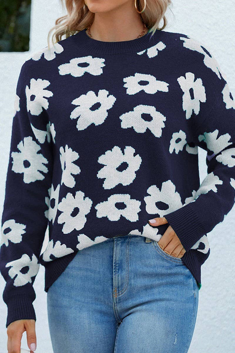 CWOSWL2938_CREW NECK PULLOVER FLORAL KNITTED SWEATER