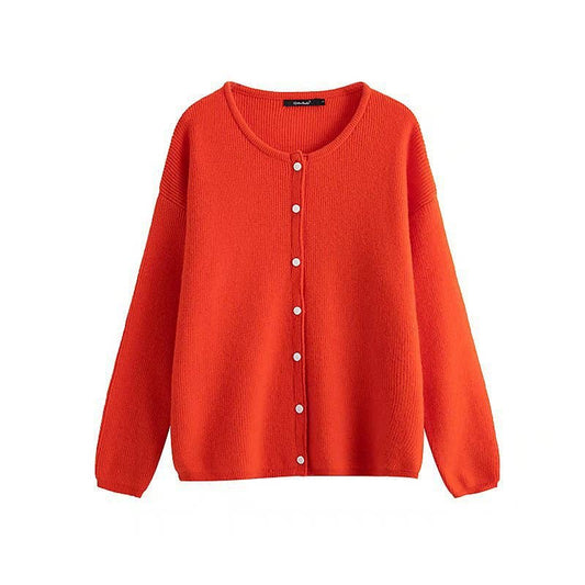 CREW-NECK SOLID COLOR SINGLE BREASTED CARDIGAN