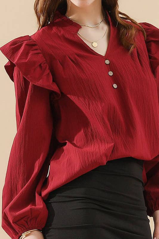 CWTBLL259_RUFFLED BUTTON SOLID COLOR V NECK  BLOUSE